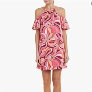 Trina Turk 60s 70s vibes orange and pink Viola Cold Shoulder Dress size small